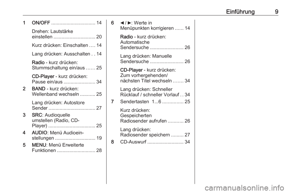 OPEL COMBO D 2018  Infotainment-Handbuch (in German) Einführung91 ON/OFF................................ 14
Drehen: Lautstärke
einstellen ............................... 20
Kurz drücken: Einschalten ....14
Lang drücken: Ausschalten ..14
Radio  - kur