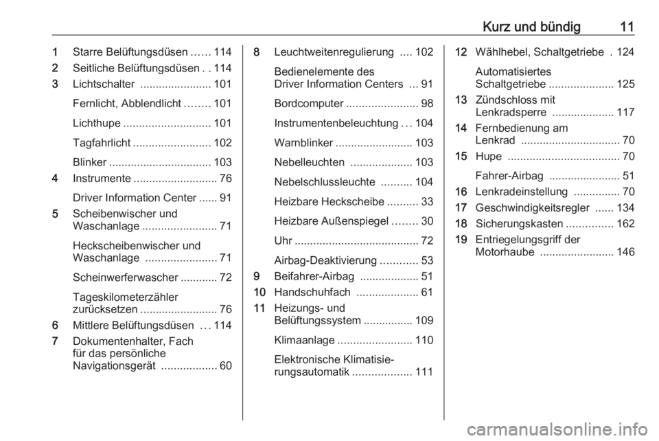 OPEL COMBO D 2018  Betriebsanleitung (in German) Kurz und bündig111Starre Belüftungsdüsen ......114
2 Seitliche Belüftungsdüsen ..114
3 Lichtschalter  ....................... 101
Fernlicht, Abblendlicht ........101
Lichthupe ...................