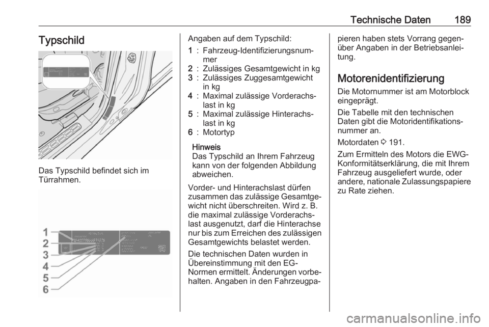 OPEL COMBO D 2018  Betriebsanleitung (in German) Technische Daten189Typschild
Das Typschild befindet sich im
Türrahmen.
Angaben auf dem Typschild:1:Fahrzeug-Identifizierungsnum‐
mer2:Zulässiges Gesamtgewicht in kg3:Zulässiges Zuggesamtgewicht
i