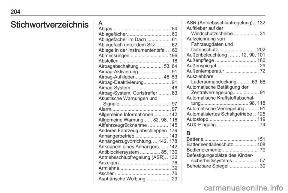 OPEL COMBO D 2018  Betriebsanleitung (in German) 204StichwortverzeichnisAAbgas  .......................................... 84
Ablagefächer ................................ 60
Ablagefächer im Dach  .................61
Ablagefach unter dem Sitz  ...