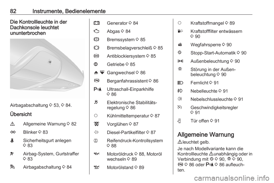 OPEL COMBO D 2018  Betriebsanleitung (in German) 82Instrumente, BedienelementeDie Kontrollleuchte in der
Dachkonsole leuchtet
ununterbrochen
Airbagabschaltung  3 53,  3 84.
Übersicht
9Allgemeine Warnung  3 82OBlinker  3 83XSicherheitsgurt anlegen
3