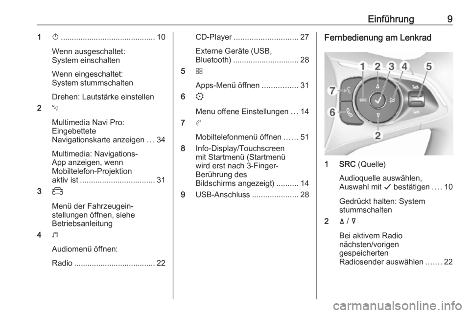 OPEL COMBO E 2019  Infotainment-Handbuch (in German) Einführung91X........................................... 10
Wenn ausgeschaltet:
System einschalten
Wenn eingeschaltet:
System stummschalten
Drehen: Lautstärke einstellen
2 c
Multimedia Navi Pro:
Ein