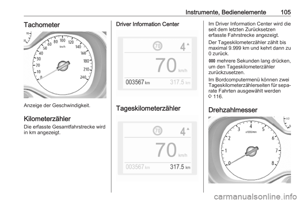 OPEL COMBO E 2019 Betriebsanleitung (in German) Instrumente, Bedienelemente105Tachometer
Anzeige der Geschwindigkeit.Kilometerzähler Die erfasste Gesamtfahrstrecke wird
in km angezeigt.
Driver Information Center
Tageskilometerzähler
Im Driver Inf OPEL COMBO E 2019 Betriebsanleitung (in German) Instrumente, Bedienelemente105Tachometer
Anzeige der Geschwindigkeit.Kilometerzähler Die erfasste Gesamtfahrstrecke wird
in km angezeigt.
Driver Information Center
Tageskilometerzähler
Im Driver Inf