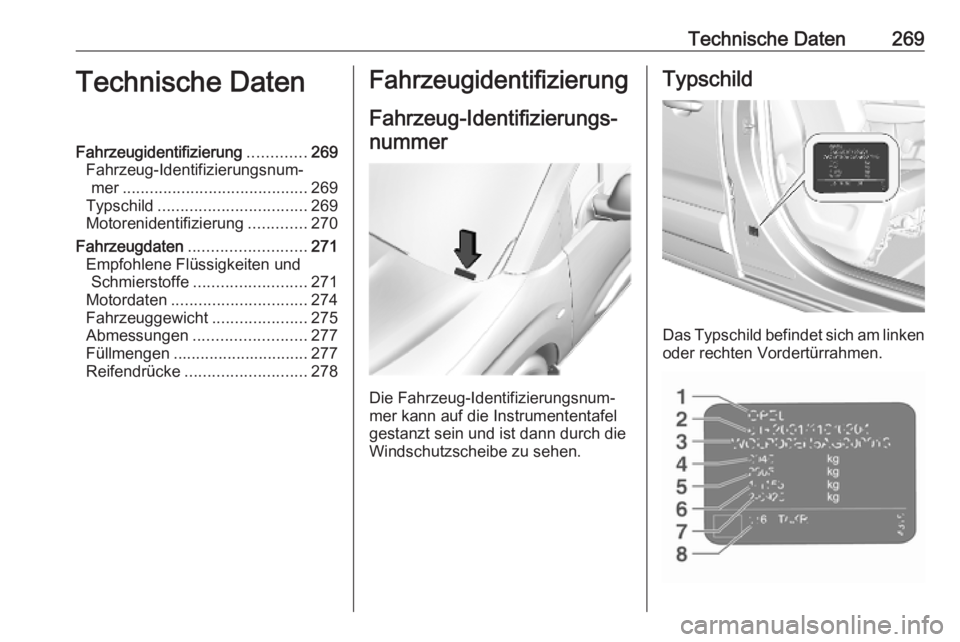 OPEL COMBO E 2019  Betriebsanleitung (in German) Technische Daten269Technische DatenFahrzeugidentifizierung.............269
Fahrzeug-Identifizierungsnum‐ mer ......................................... 269
Typschild .................................