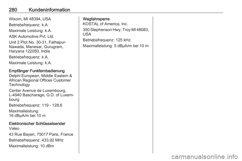 OPEL COMBO E 2019  Betriebsanleitung (in German) 280KundeninformationWixom, MI 48394, USA
Betriebsfrequenz: k.A.
Maximale Leistung: k.A.
ASK Automotive Pvt. Ltd.
Unit 2 Plot No. 30-31, Fathepur-
Nawada, Manesar, Gurugram,
Haryana 122050, India
Betri