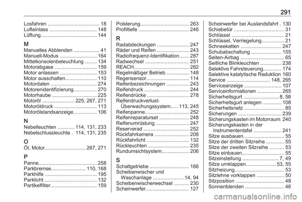 OPEL COMBO E 2019  Betriebsanleitung (in German) 291Losfahren ..................................... 18
Lufteinlass  ................................. 148
Lüftung........................................ 144
M Manuelles Abblenden  ..................4
