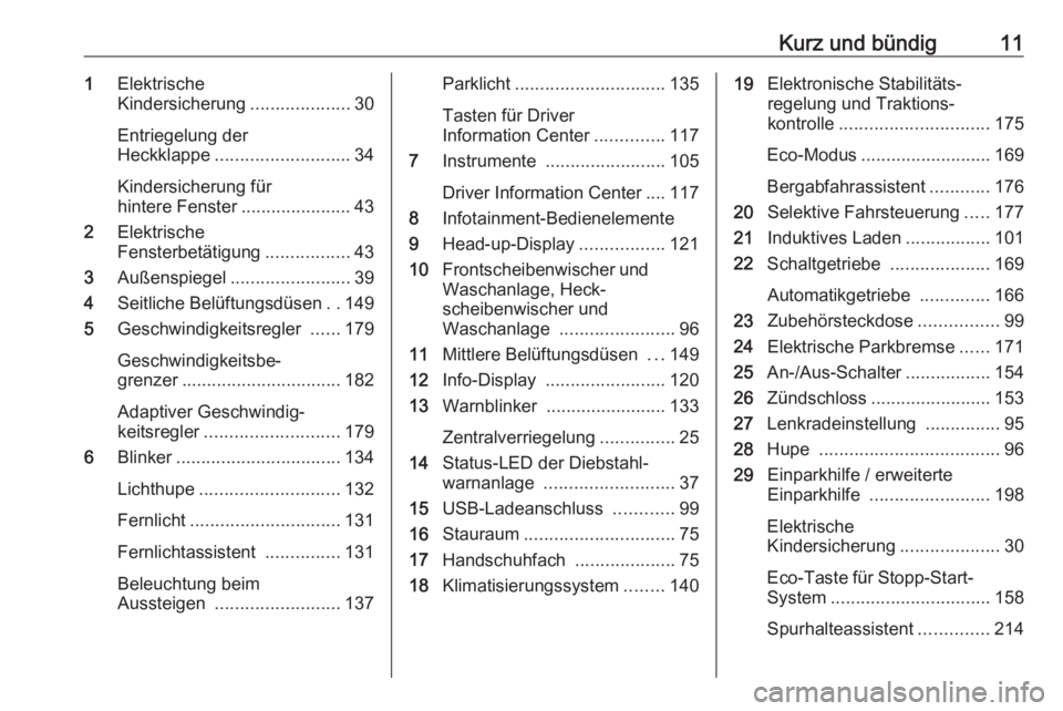 OPEL COMBO E 2019.1  Betriebsanleitung (in German) Kurz und bündig111Elektrische
Kindersicherung ....................30
Entriegelung der
Heckklappe ........................... 34
Kindersicherung für
hintere Fenster ......................43
2 Elektri