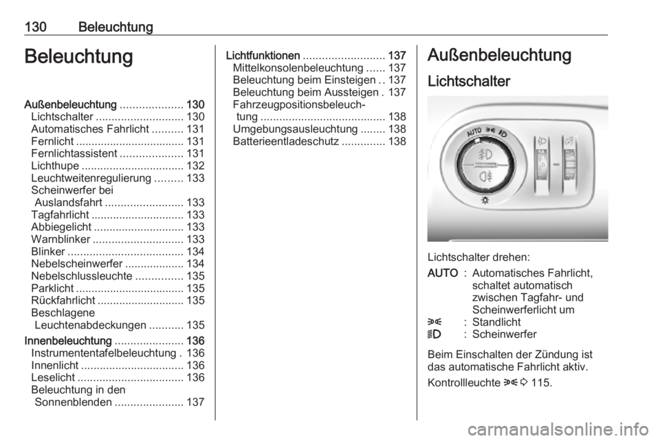 OPEL COMBO E 2019.1  Betriebsanleitung (in German) 130BeleuchtungBeleuchtungAußenbeleuchtung....................130
Lichtschalter ............................ 130
Automatisches Fahrlicht ..........131
Fernlicht ................................... 131