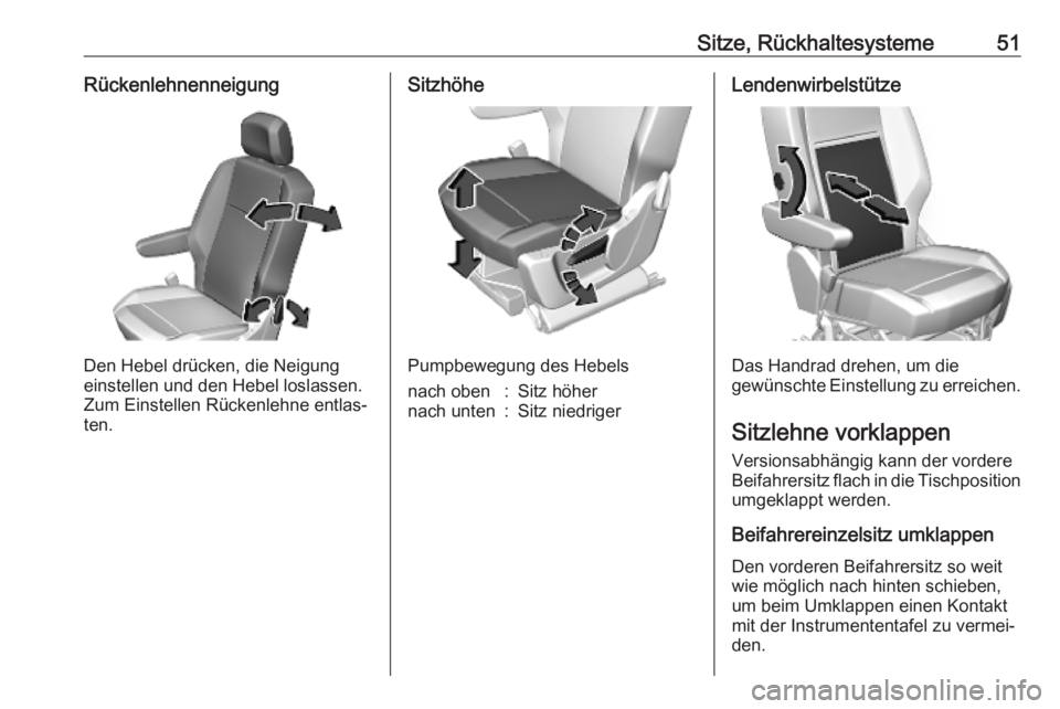 OPEL COMBO E 2019.1 Betriebsanleitung (in German) Sitze, Rückhaltesysteme51Rückenlehnenneigung
Den Hebel drücken, die Neigung
einstellen und den Hebel loslassen. Zum Einstellen Rückenlehne entlas‐
ten.
Sitzhöhe
Pumpbewegung des Hebels
nach obe OPEL COMBO E 2019.1 Betriebsanleitung (in German) Sitze, Rückhaltesysteme51Rückenlehnenneigung
Den Hebel drücken, die Neigung
einstellen und den Hebel loslassen. Zum Einstellen Rückenlehne entlas‐
ten.
Sitzhöhe
Pumpbewegung des Hebels
nach obe
