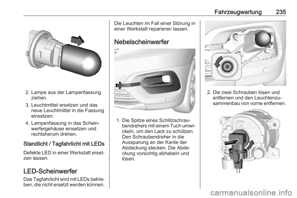 OPEL COMBO E 2019.75  Betriebsanleitung (in German) Fahrzeugwartung235
2. Lampe aus der Lampenfassungziehen.
3. Leuchtmittel ersetzen und das neue Leuchtmittel in die Fassung
einsetzen.
4. Lampenfassung in das Schein‐ werfergehäuse einsetzen und
rec
