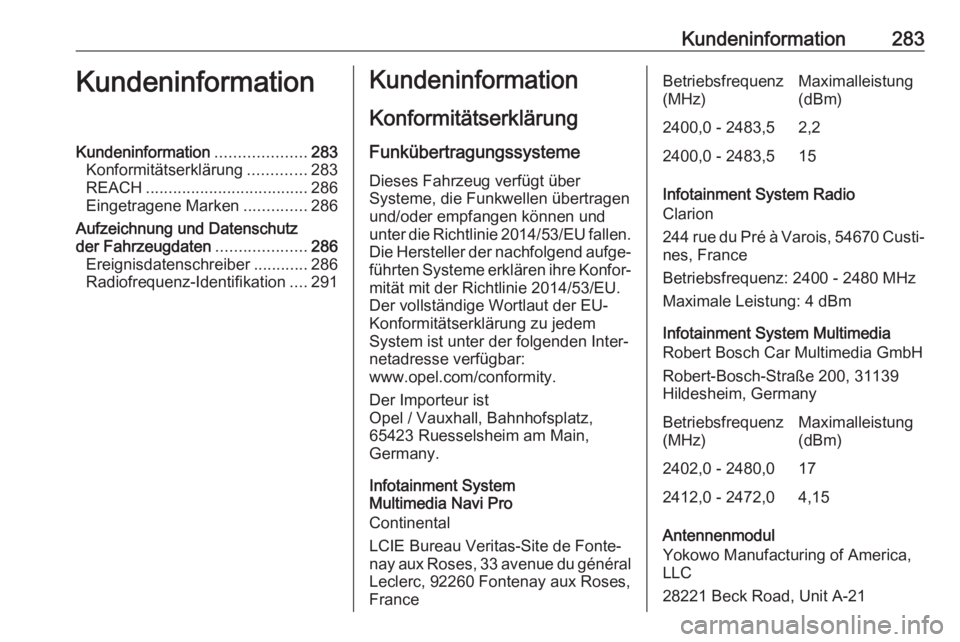 OPEL COMBO E 2019.75  Betriebsanleitung (in German) Kundeninformation283KundeninformationKundeninformation....................283
Konformitätserklärung .............283
REACH .................................... 286
Eingetragene Marken ..............