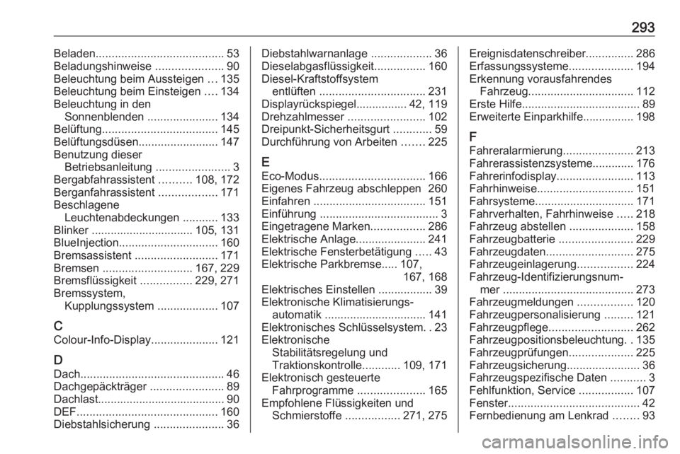 OPEL COMBO E 2019.75  Betriebsanleitung (in German) 293Beladen........................................ 53
Beladungshinweise  .....................90
Beleuchtung beim Aussteigen  ...135
Beleuchtung beim Einsteigen  ....134
Beleuchtung in den Sonnenblend