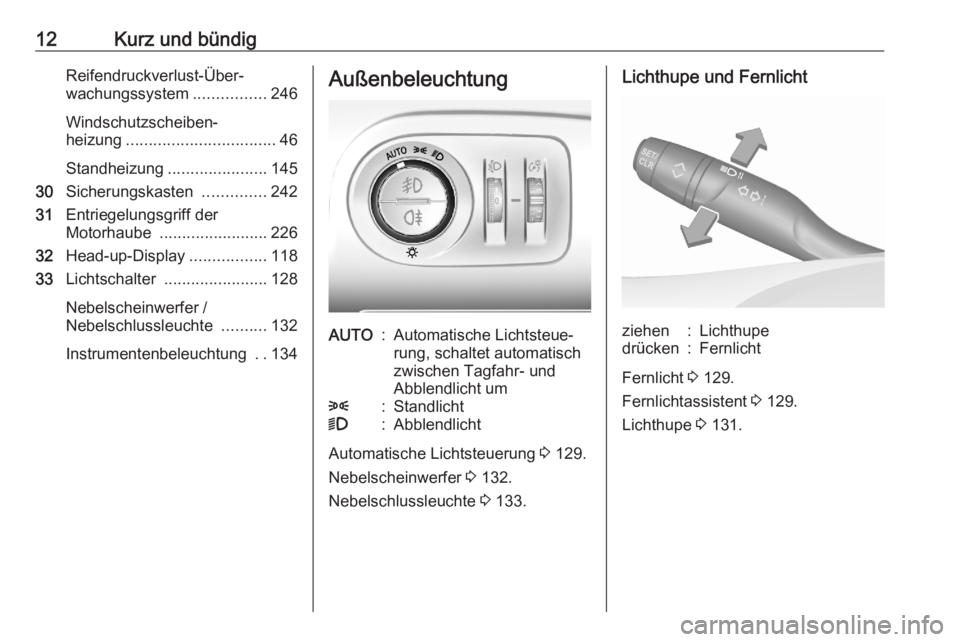 OPEL COMBO E 2020  Betriebsanleitung (in German) 12Kurz und bündigReifendruckverlust-Über‐
wachungssystem ................246
Windschutzscheiben‐
heizung ................................. 46
Standheizung ...................... 145
30 Sicherung