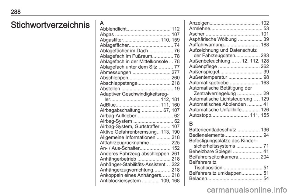 OPEL COMBO E 2020  Betriebsanleitung (in German) 288StichwortverzeichnisAAbblendlicht ................................ 112
Abgas  ........................................ 107
Abgasfilter........................... 110, 159
Ablagefächer ............