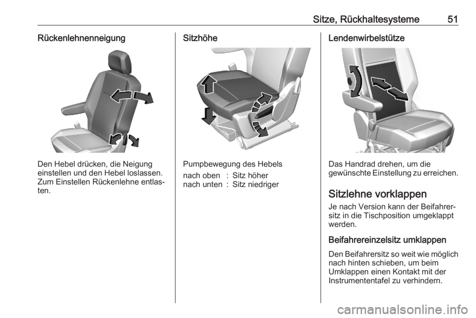OPEL COMBO E 2020 Betriebsanleitung (in German) Sitze, Rückhaltesysteme51Rückenlehnenneigung
Den Hebel drücken, die Neigung
einstellen und den Hebel loslassen. Zum Einstellen Rückenlehne entlas‐
ten.
Sitzhöhe
Pumpbewegung des Hebels
nach obe OPEL COMBO E 2020 Betriebsanleitung (in German) Sitze, Rückhaltesysteme51Rückenlehnenneigung
Den Hebel drücken, die Neigung
einstellen und den Hebel loslassen. Zum Einstellen Rückenlehne entlas‐
ten.
Sitzhöhe
Pumpbewegung des Hebels
nach obe
