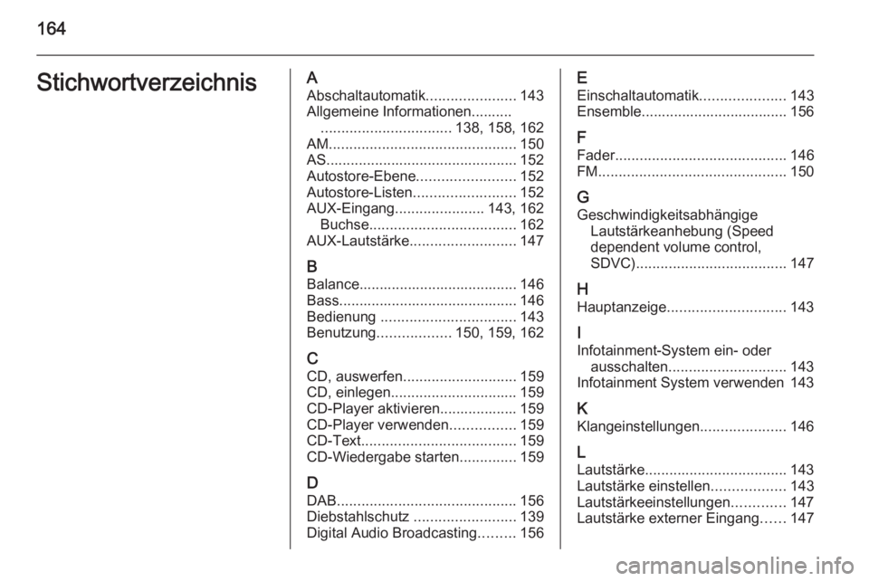 OPEL CORSA 2014.5  Betriebsanleitung (in German) 164StichwortverzeichnisAAbschaltautomatik ......................143
Allgemeine Informationen.......... ................................ 138, 158, 162
AM .............................................. 