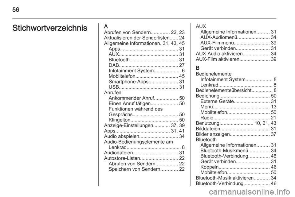 OPEL CORSA 2015 Infotainment-Handbuch (in German) 56StichwortverzeichnisAAbrufen von Sendern .............22, 23
Aktualisieren der Senderlisten ......24
Allgemeine Informationen. 31, 43, 45 Apps .......................................... 31
AUX ..... OPEL CORSA 2015 Infotainment-Handbuch (in German) 56StichwortverzeichnisAAbrufen von Sendern .............22, 23
Aktualisieren der Senderlisten ......24
Allgemeine Informationen. 31, 43, 45 Apps .......................................... 31
AUX .....