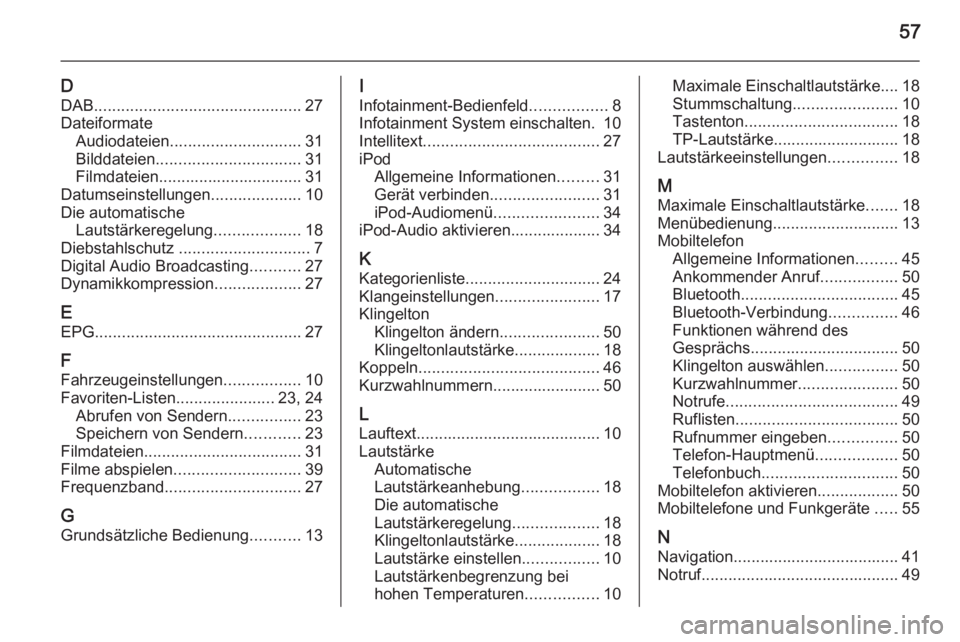 OPEL CORSA 2015 Infotainment-Handbuch (in German) 57
DDAB .............................................. 27
Dateiformate Audiodateien ............................. 31
Bilddateien ................................ 31
Filmdateien........................ OPEL CORSA 2015 Infotainment-Handbuch (in German) 57
DDAB .............................................. 27
Dateiformate Audiodateien ............................. 31
Bilddateien ................................ 31
Filmdateien........................