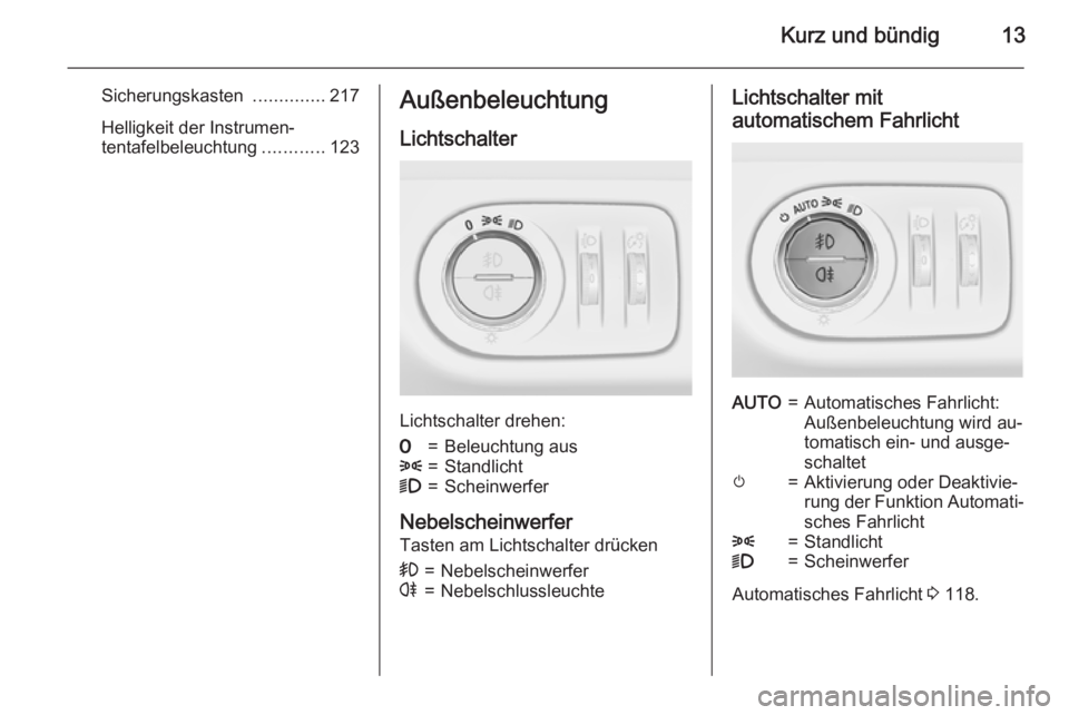 OPEL CORSA 2015.75  Betriebsanleitung (in German) Kurz und bündig13
Sicherungskasten ..............217
Helligkeit der Instrumen‐
tentafelbeleuchtung ............123Außenbeleuchtung
Lichtschalter
Lichtschalter drehen:
7=Beleuchtung aus8=Standlicht
