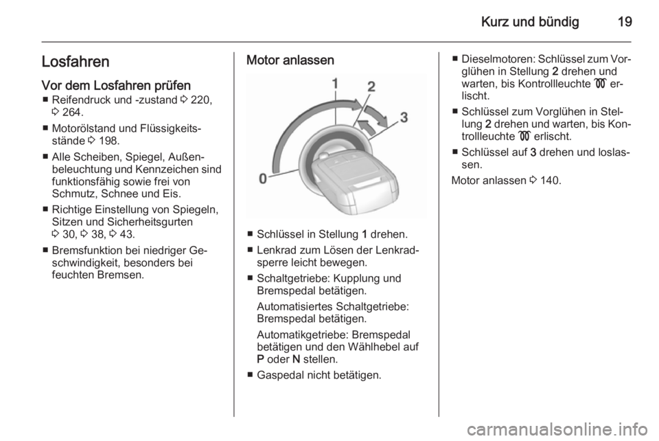 OPEL CORSA 2015.75  Betriebsanleitung (in German) Kurz und bündig19LosfahrenVor dem Losfahren prüfen ■ Reifendruck und -zustand  3 220,
3  264.
■ Motorölstand und Flüssigkeits‐ stände  3 198.
■ Alle Scheiben, Spiegel, Außen‐ beleuchtu