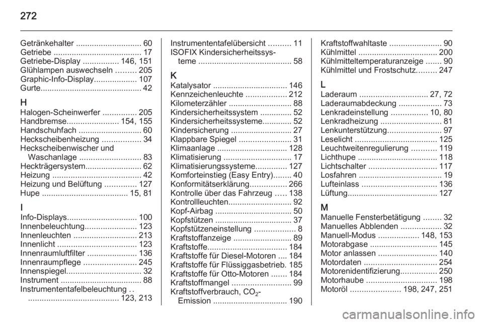 OPEL CORSA 2015.75  Betriebsanleitung (in German) 272
Getränkehalter ............................. 60
Getriebe  ....................................... 17
Getriebe-Display  ................146, 151
Glühlampen auswechseln  .........205
Graphic-Info-