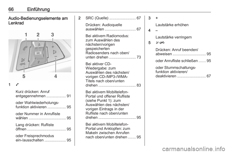 OPEL CORSA 2016 Infotainment-Handbuch (in German) 66EinführungAudio-Bedienungselemente am
Lenkrad
1 7
Kurz drücken: Anruf
entgegennehmen ..................91
oder Wahlwiederholungs‐
funktion aktivieren .................95
oder Nummer in Anruflist OPEL CORSA 2016 Infotainment-Handbuch (in German) 66EinführungAudio-Bedienungselemente am
Lenkrad
1 7
Kurz drücken: Anruf
entgegennehmen ..................91
oder Wahlwiederholungs‐
funktion aktivieren .................95
oder Nummer in Anruflist
