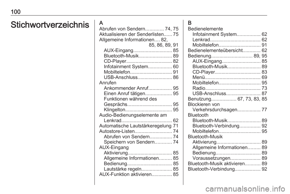 OPEL CORSA 2016  Infotainment-Handbuch (in German) 100StichwortverzeichnisAAbrufen von Sendern .............74, 75
Aktualisieren der Senderlisten ......75
Allgemeine Informationen ....82,
85, 86, 89, 91
AUX-Eingang ............................ 85
Blue