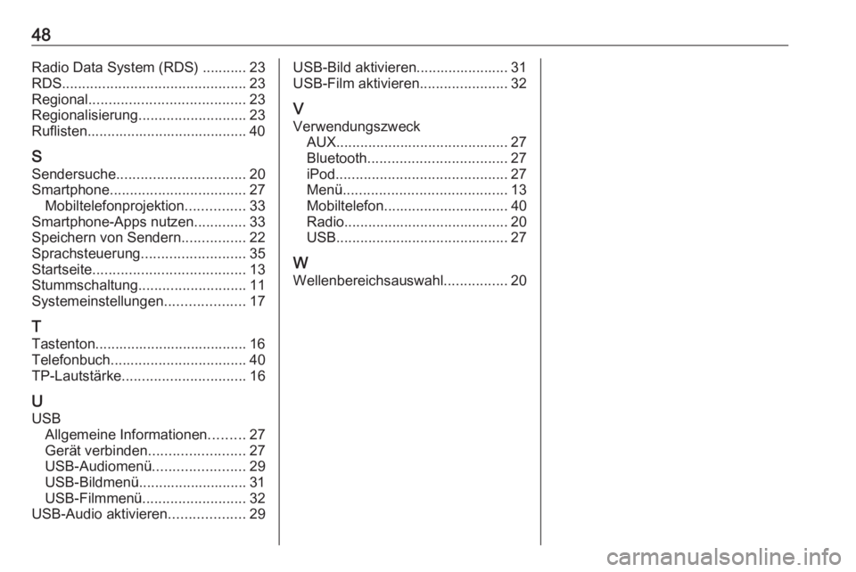 OPEL CORSA 2016.5  Infotainment-Handbuch (in German) 48Radio Data System (RDS) ........... 23
RDS .............................................. 23
Regional ....................................... 23
Regionalisierung ........................... 23
Rufli