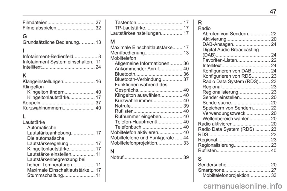 OPEL CORSA 2017 Infotainment-Handbuch (in German) 47Filmdateien................................... 27
Filme abspielen ............................ 32
G Grundsätzliche Bedienung ...........13
I Infotainment-Bedienfeld .................8
Infotainment OPEL CORSA 2017 Infotainment-Handbuch (in German) 47Filmdateien................................... 27
Filme abspielen ............................ 32
G Grundsätzliche Bedienung ...........13
I Infotainment-Bedienfeld .................8
Infotainment