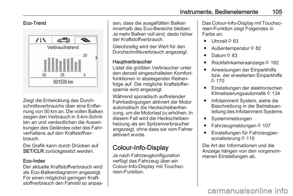 OPEL CORSA 2017  Betriebsanleitung (in German) Instrumente, Bedienelemente105Eco-Trend
Zeigt die Entwicklung des Durch‐
schnittsverbrauchs über eine Entfer‐
nung von 50 km an. Die vollen Balken
zeigen den Verbrauch in  5-km-Schrit‐
ten an u