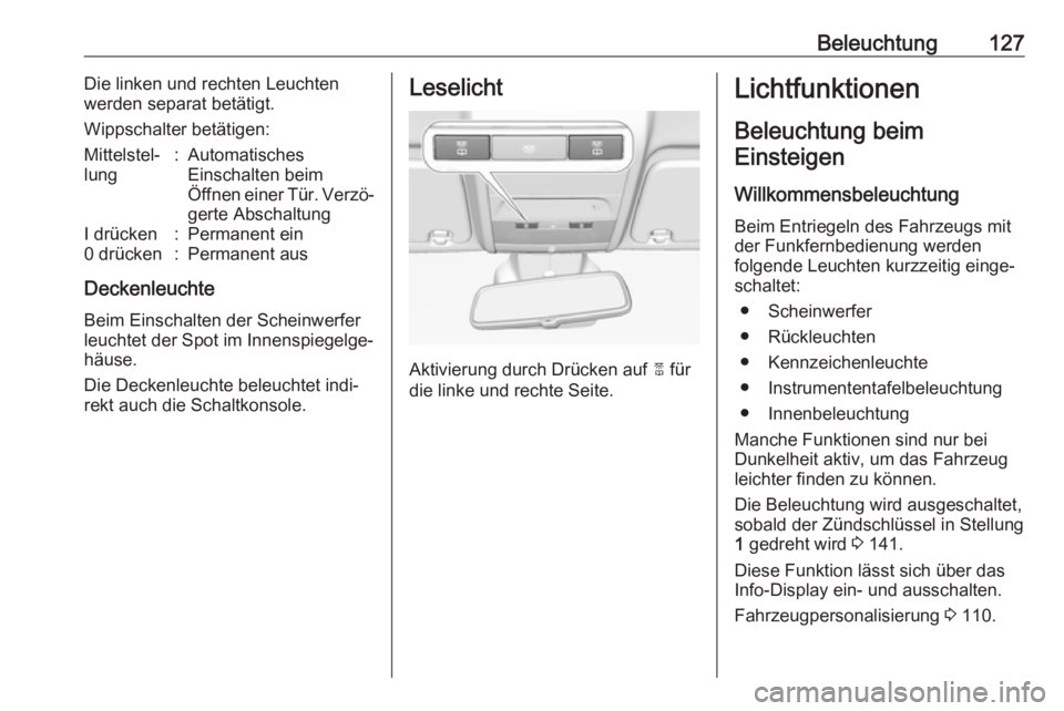 OPEL CORSA 2017  Betriebsanleitung (in German) Beleuchtung127Die linken und rechten Leuchten
werden separat betätigt.
Wippschalter betätigen:Mittelstel‐
lung:Automatisches
Einschalten beim
Öffnen einer Tür. Verzö‐
gerte AbschaltungI drüc