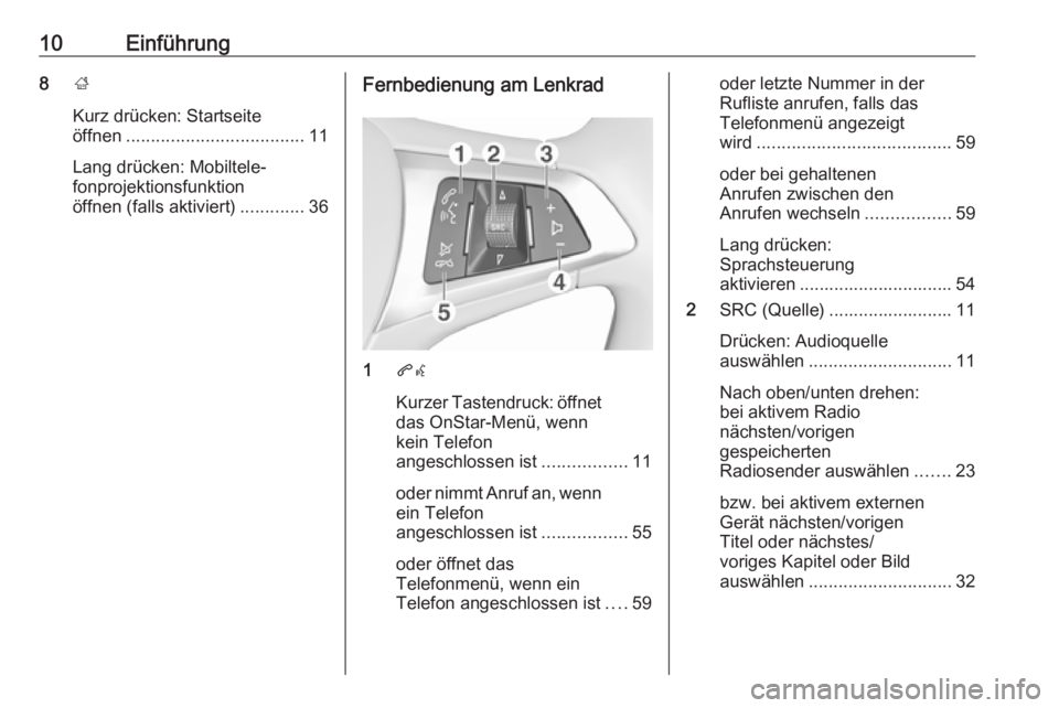 OPEL CORSA E 2017.5 Infotainment-Handbuch (in German) 10Einführung8;
Kurz drücken: Startseite
öffnen .................................... 11
Lang drücken: Mobiltele‐
fonprojektionsfunktion
öffnen (falls aktiviert) .............36Fernbedienung am L OPEL CORSA E 2017.5 Infotainment-Handbuch (in German) 10Einführung8;
Kurz drücken: Startseite
öffnen .................................... 11
Lang drücken: Mobiltele‐
fonprojektionsfunktion
öffnen (falls aktiviert) .............36Fernbedienung am L