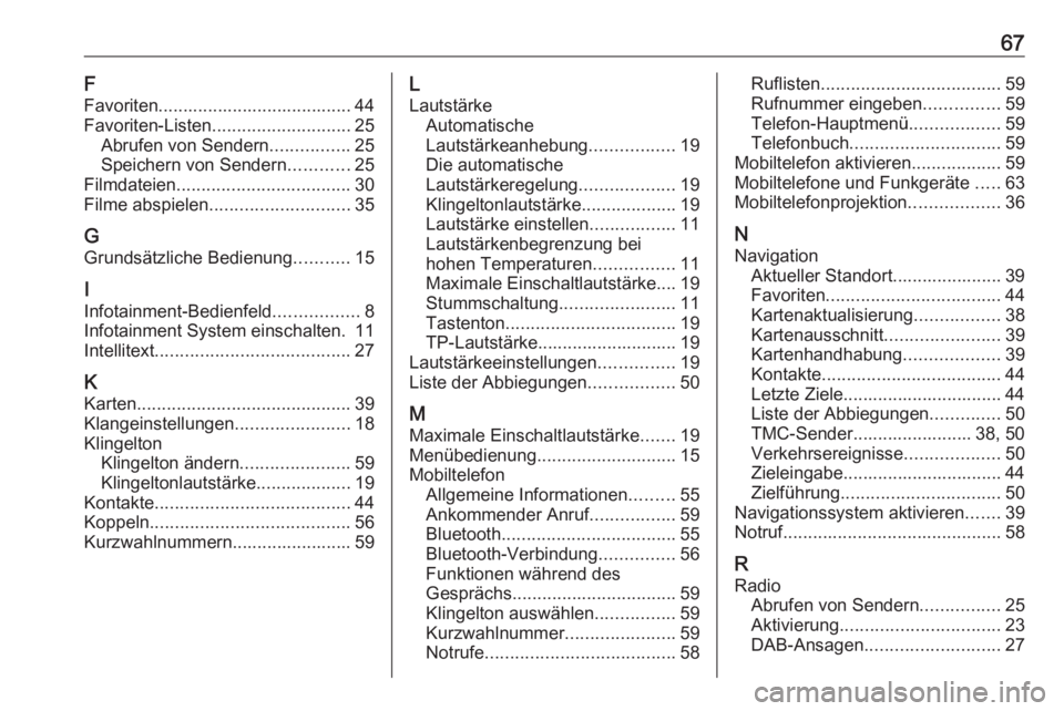 OPEL CORSA E 2018 Infotainment-Handbuch (in German) 67F
Favoriten....................................... 44
Favoriten-Listen ............................ 25
Abrufen von Sendern ................25
Speichern von Sendern ............25
Filmdateien ....... OPEL CORSA E 2018 Infotainment-Handbuch (in German) 67F
Favoriten....................................... 44
Favoriten-Listen ............................ 25
Abrufen von Sendern ................25
Speichern von Sendern ............25
Filmdateien .......