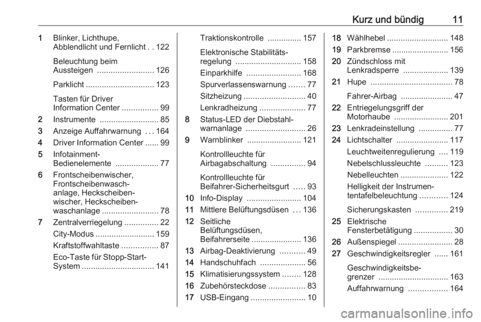 OPEL CORSA E 2018.5  Betriebsanleitung (in German) Kurz und bündig111Blinker, Lichthupe,
Abblendlicht und Fernlicht ..122
Beleuchtung beim
Aussteigen  ......................... 126
Parklicht .............................. 123
Tasten für Driver
Infor