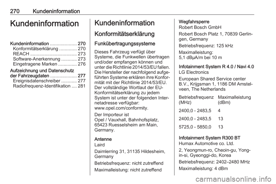 OPEL CORSA E 2018.5 Betriebsanleitung (in German) 270KundeninformationKundeninformationKundeninformation....................270
Konformitätserklärung .............270
REACH .................................... 273
Software-Anerkennung ............2 OPEL CORSA E 2018.5 Betriebsanleitung (in German) 270KundeninformationKundeninformationKundeninformation....................270
Konformitätserklärung .............270
REACH .................................... 273
Software-Anerkennung ............2