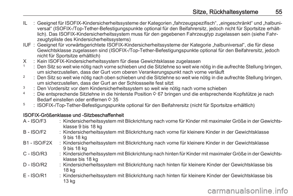 OPEL CORSA E 2018.5  Betriebsanleitung (in German) Sitze, Rückhaltesysteme55IL:Geeignet für ISOFIX-Kindersicherheitssysteme der Kategorien „fahrzeugspezifisch“, „eingeschränkt“ und „halbuni‐
versal“ (ISOFIX-/Top-Tether-Befestigungspun