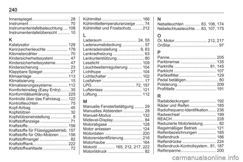 OPEL CORSA E 2019  Betriebsanleitung (in German) 240Innenspiegel................................. 28
Instrument .................................... 70
Instrumententafelbeleuchtung  ...108
Instrumententafelübersicht  ..........10
K Katalysator ....