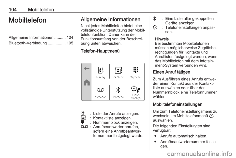 OPEL CORSA F 2020  Infotainment-Handbuch (in German) 104MobiltelefonMobiltelefonAllgemeine Informationen..........104
Bluetooth-Verbindung ................105Allgemeine Informationen
Nicht jedes Mobiltelefon bietet eine
vollständige Unterstützung der 