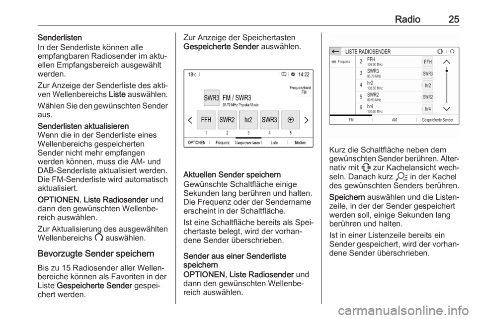 OPEL CORSA F 2020  Infotainment-Handbuch (in German) Radio25Senderlisten
In der Senderliste können alle
empfangbaren Radiosender im aktu‐
ellen Empfangsbereich ausgewählt werden.
Zur Anzeige der Senderliste des akti‐
ven Wellenbereichs  Liste ausw