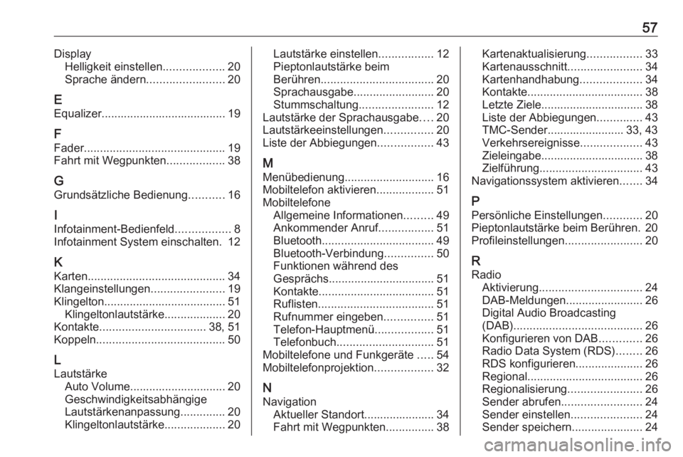 OPEL CORSA F 2020  Infotainment-Handbuch (in German) 57DisplayHelligkeit einstellen ...................20
Sprache ändern ........................ 20
E Equalizer....................................... 19
F
Fader .........................................