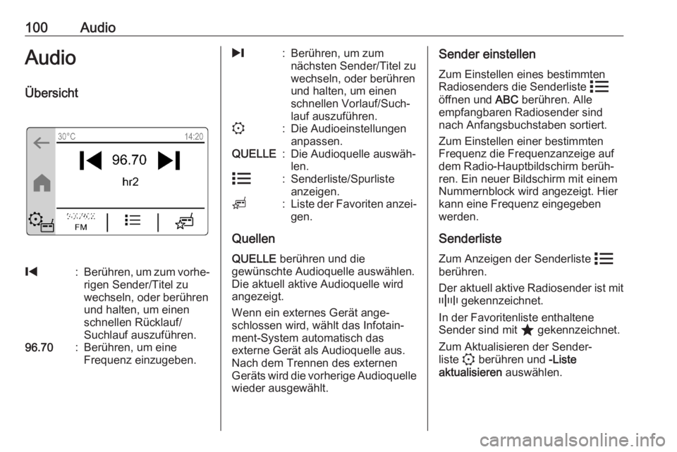 OPEL CORSA F 2020  Infotainment-Handbuch (in German) 100AudioAudioÜbersicht%:Berühren, um zum vorhe‐
rigen Sender/Titel zu
wechseln, oder berühren
und halten, um einen
schnellen Rücklauf/
Suchlauf auszuführen.96.70:Berühren, um eine
Frequenz ein