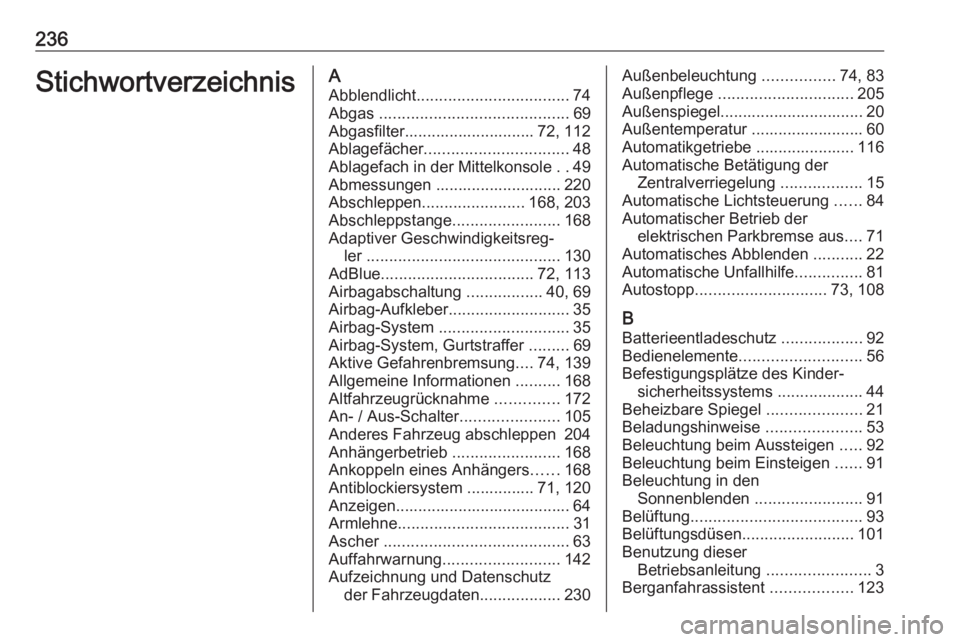 OPEL CORSA F 2020  Betriebsanleitung (in German) 236StichwortverzeichnisAAbblendlicht .................................. 74
Abgas  .......................................... 69
Abgasfilter............................. 72, 112
Ablagefächer .........
