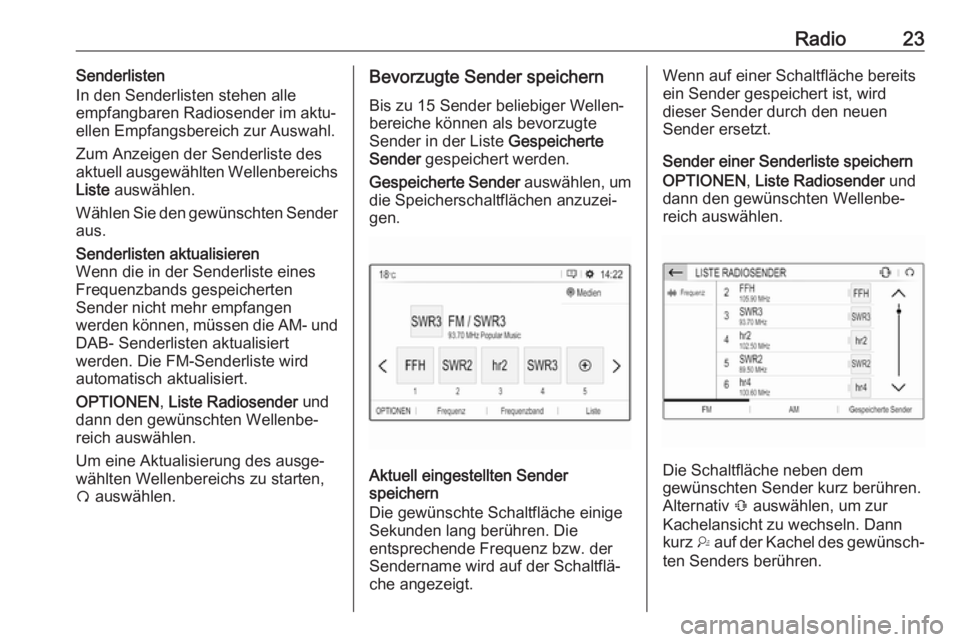 OPEL CROSSLAND X 2017.75  Infotainment-Handbuch (in German) Radio23Senderlisten
In den Senderlisten stehen alle
empfangbaren Radiosender im aktu‐ ellen Empfangsbereich zur Auswahl.
Zum Anzeigen der Senderliste des
aktuell ausgewählten Wellenbereichs
Liste  