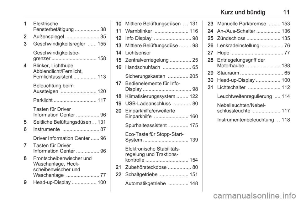 OPEL CROSSLAND X 2017.75  Betriebsanleitung (in German) Kurz und bündig111Elektrische
Fensterbetätigung .................38
2 Außenspiegel ........................ 35
3 Geschwindigkeitsregler  ......155
Geschwindigkeitsbe‐
grenzer ....................