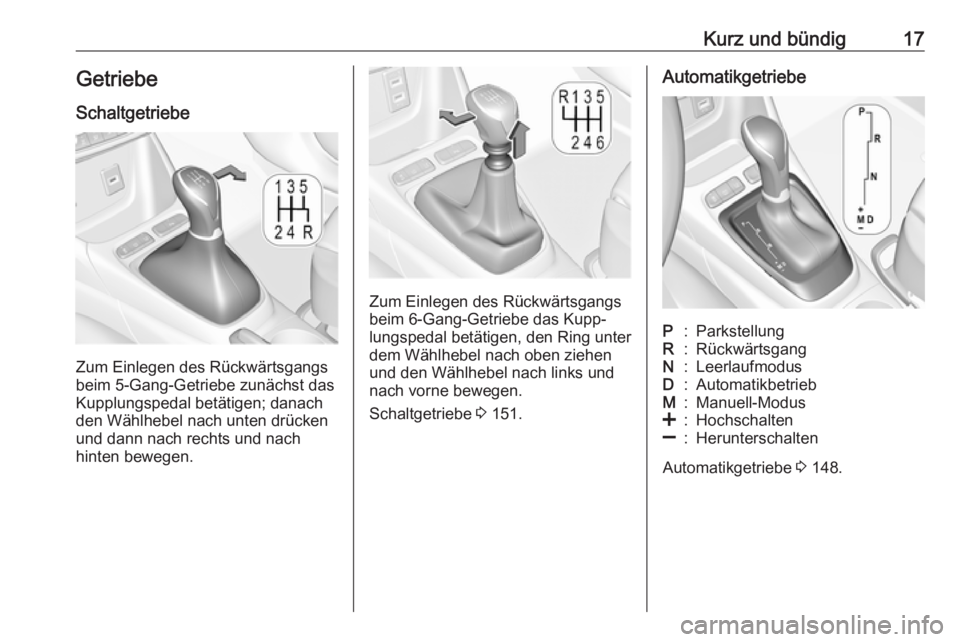OPEL CROSSLAND X 2017.75  Betriebsanleitung (in German) Kurz und bündig17Getriebe
Schaltgetriebe
Zum Einlegen des Rückwärtsgangs
beim 5-Gang-Getriebe zunächst das
Kupplungspedal betätigen; danach
den Wählhebel nach unten drücken
und dann nach rechts