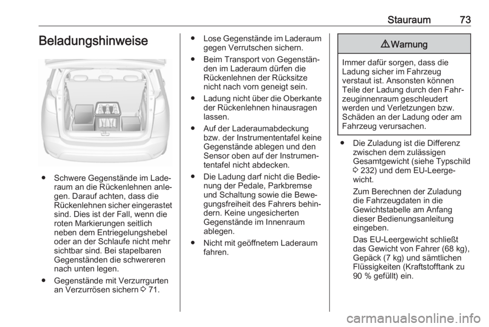 OPEL CROSSLAND X 2017.75  Betriebsanleitung (in German) Stauraum73Beladungshinweise
● Schwere Gegenstände im Lade‐raum an die Rückenlehnen anle‐
gen. Darauf achten, dass die
Rückenlehnen sicher eingerastet
sind. Dies ist der Fall, wenn die
roten M
