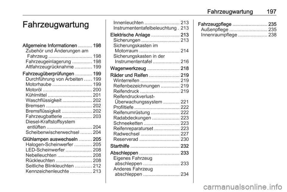 OPEL CROSSLAND X 2018 Betriebsanleitung (in German) Fahrzeugwartung197FahrzeugwartungAllgemeine Informationen..........198
Zubehör und Änderungen am Fahrzeug ................................ 198
Fahrzeugeinlagerung ..............198
Altfahrzeugrückn OPEL CROSSLAND X 2018 Betriebsanleitung (in German) Fahrzeugwartung197FahrzeugwartungAllgemeine Informationen..........198
Zubehör und Änderungen am Fahrzeug ................................ 198
Fahrzeugeinlagerung ..............198
Altfahrzeugrückn
