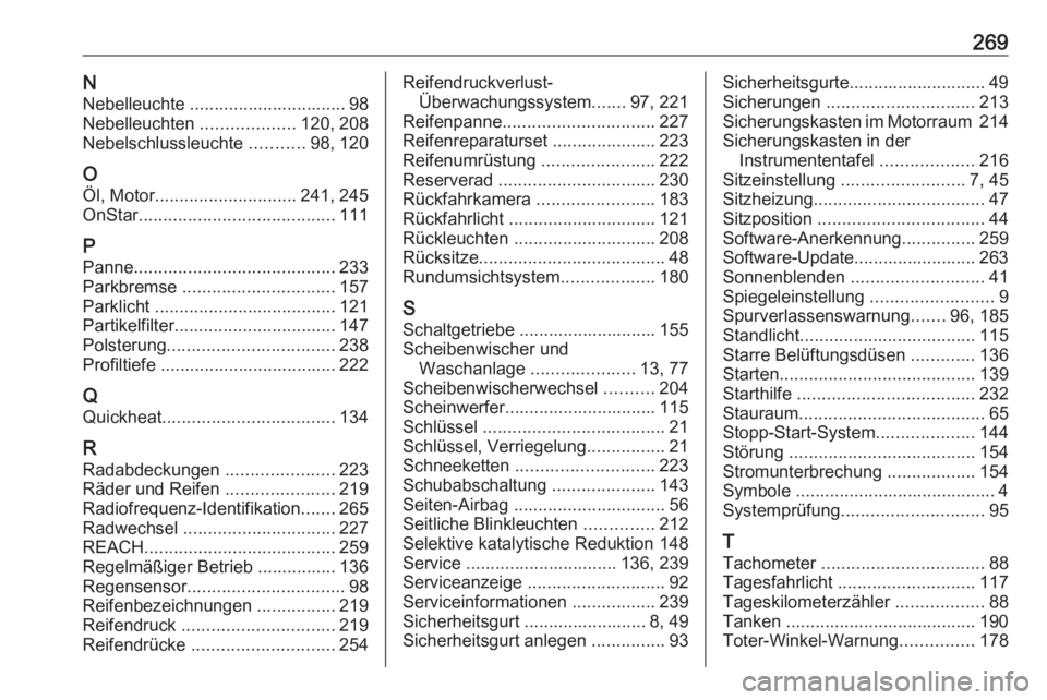 OPEL CROSSLAND X 2018  Betriebsanleitung (in German) 269NNebelleuchte ................................ 98
Nebelleuchten  ...................120, 208
Nebelschlussleuchte  ...........98, 120
O
Öl, Motor ............................. 241, 245
OnStar .....