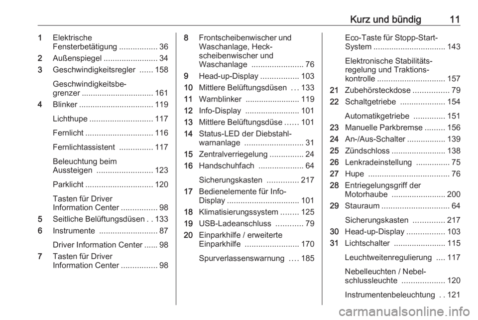 OPEL CROSSLAND X 2018.5  Betriebsanleitung (in German) Kurz und bündig111Elektrische
Fensterbetätigung .................36
2 Außenspiegel ........................ 34
3 Geschwindigkeitsregler  ......158
Geschwindigkeitsbe‐
grenzer ....................