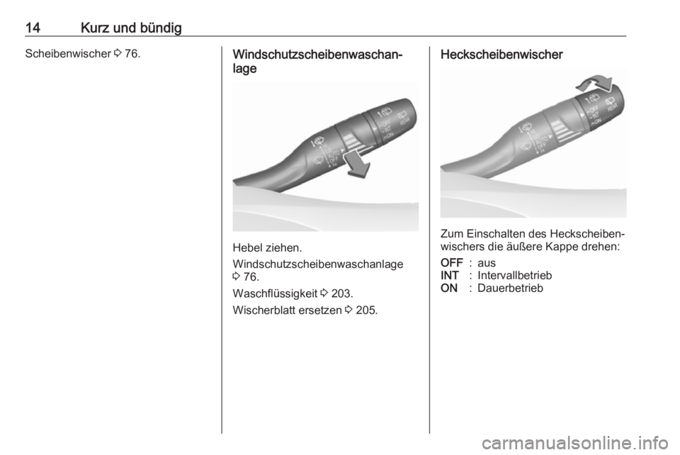 OPEL CROSSLAND X 2018.5  Betriebsanleitung (in German) 14Kurz und bündigScheibenwischer 3 76.Windschutzscheibenwaschan‐
lage
Hebel ziehen.
Windschutzscheibenwaschanlage
3  76.
Waschflüssigkeit  3 203.
Wischerblatt ersetzen  3 205.
Heckscheibenwischer
